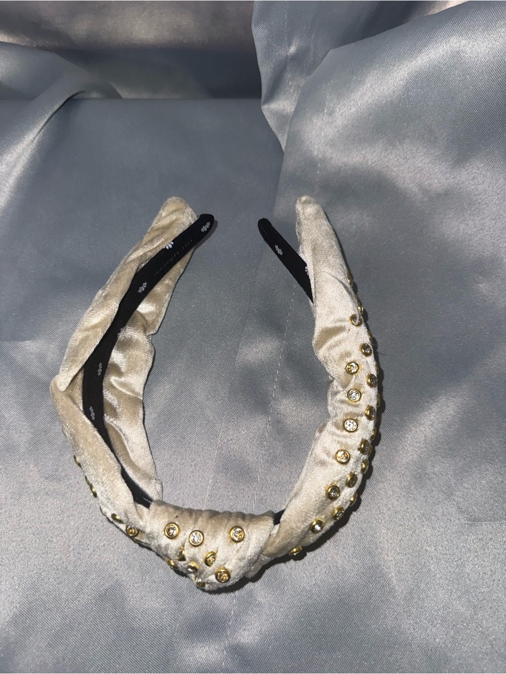 Lele Sadoughi Ivory Velvet Knotted Headband with Gold Studs